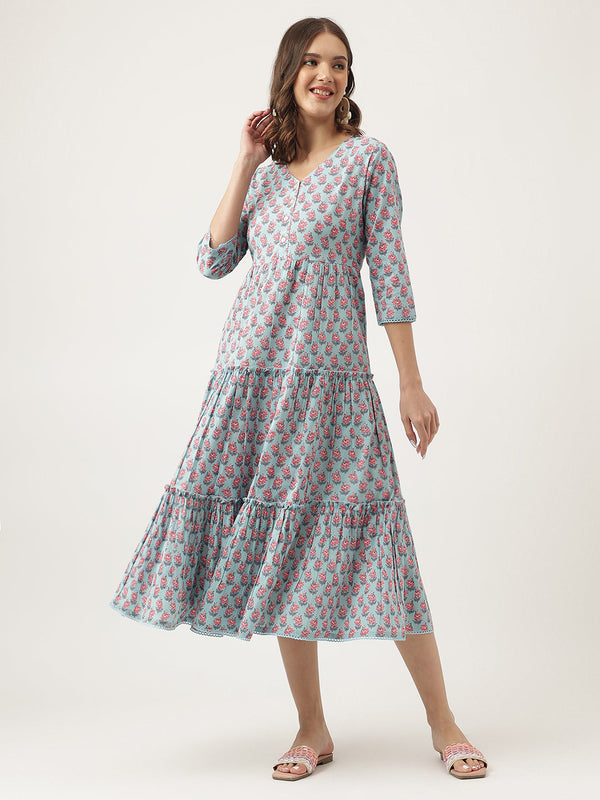 Sky Blue Floral printed Cotton Tired Dress | womensfashionfun