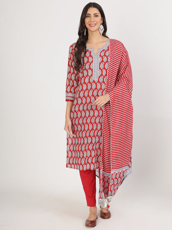 Maroon Floral Print Cotton Kurta pants with Dupatta set for women | WomensFashionFun.com