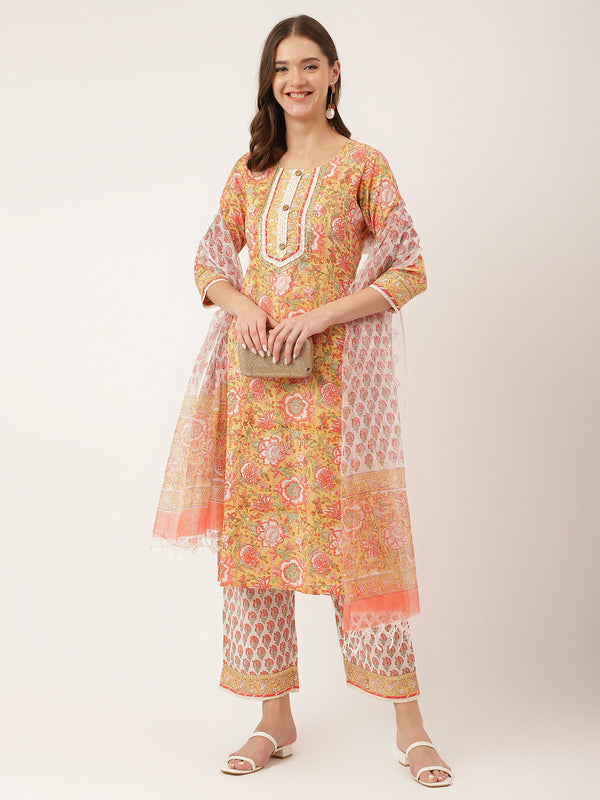 Yellow Hand Block Floral Print Cotton  Kurta, Trouser With Dupatta | womensfashionfun