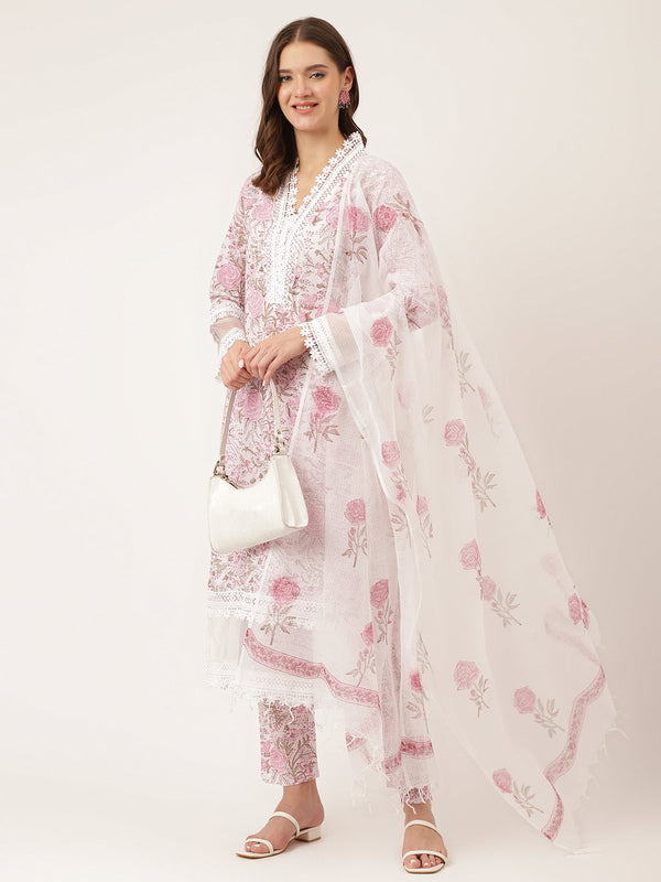 White Hand Block Floral Print Cotton  Kurta, Trouser With Dupatta | womensfashionfun