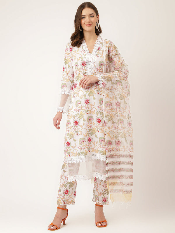 White Hand Block Floral Print Cotton  Kurta, Trouser With Dupatta | womensfashionfun