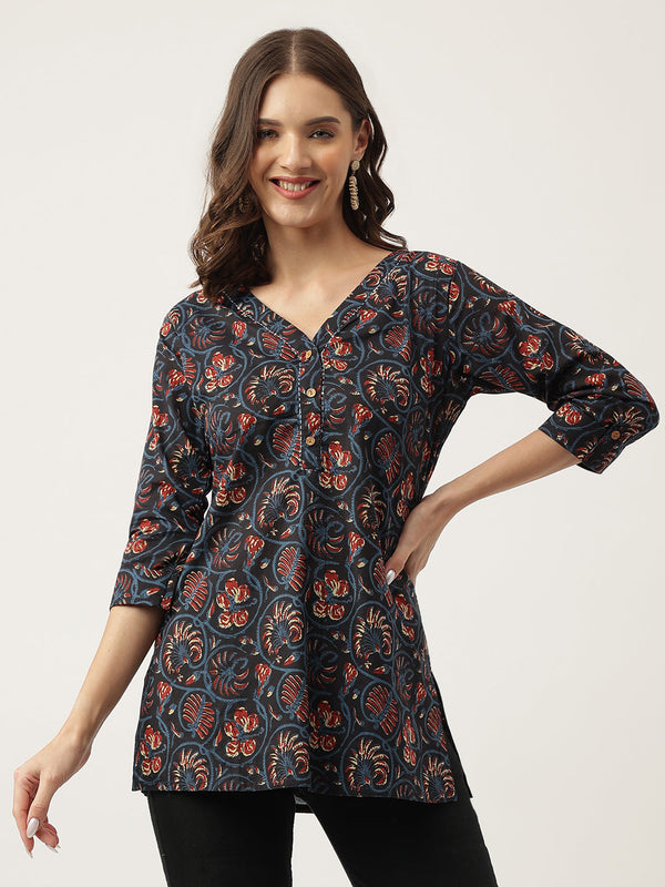 Navy Blue Floral Printed Cotton Peplum fit V-Neck Top | womensfashionfun