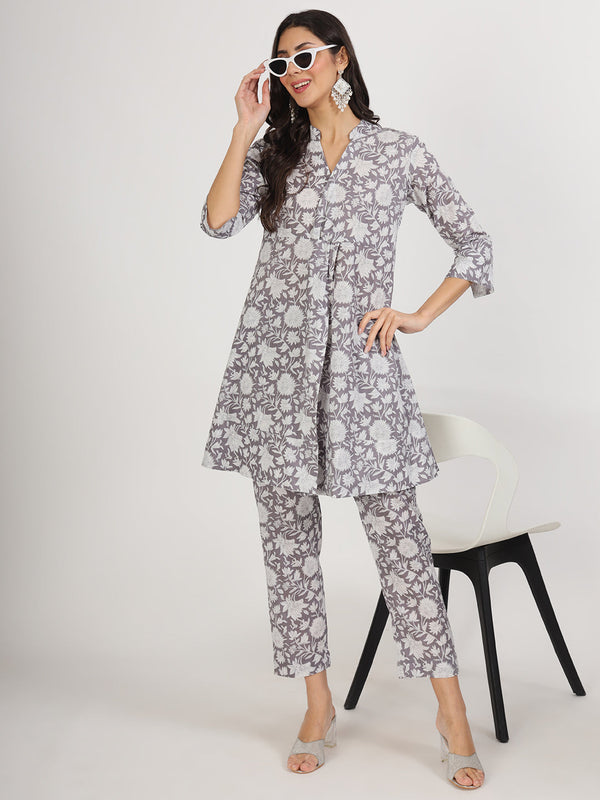 Women Grey Floral Printed Cotton Co ord Set | WomensFashionFun.com