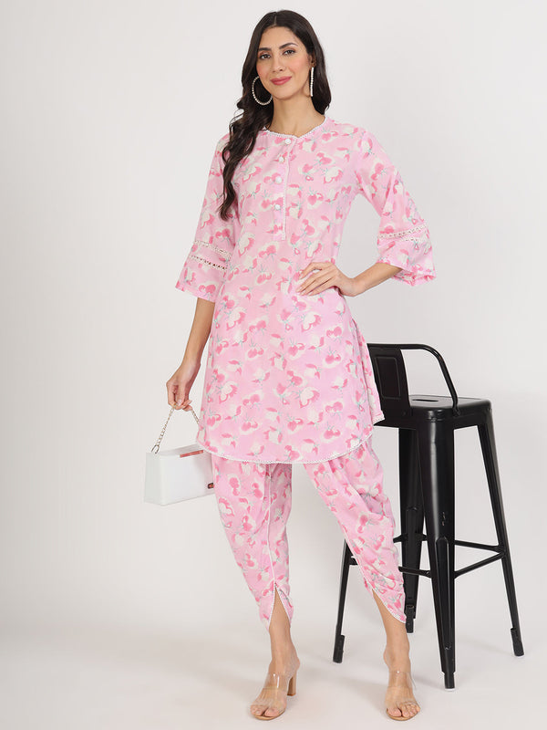 Women Pink Floral Printed Cotton Co-Ord Set | WomensFashionFun.com
