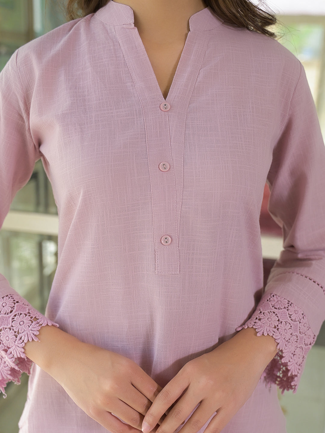 Divena Pink Solid Cotton Straight Fit Lace Border Kurta with Trouser