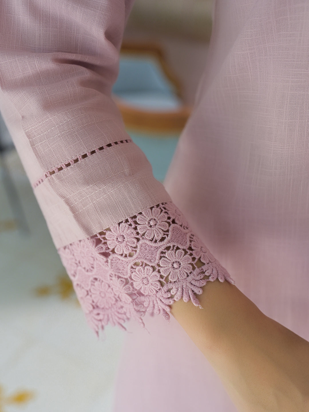 Divena Pink Solid Cotton Straight Fit Lace Border Kurta with Trouser