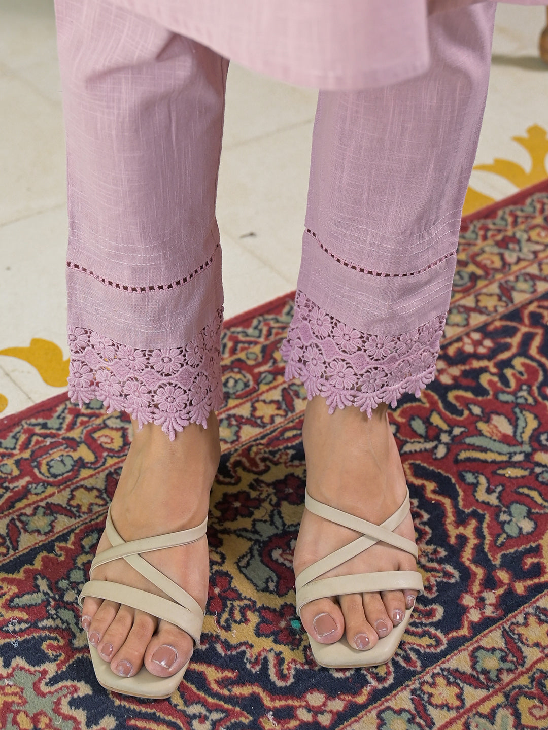 Divena Pink Solid Cotton Straight Fit Lace Border Kurta with Trouser