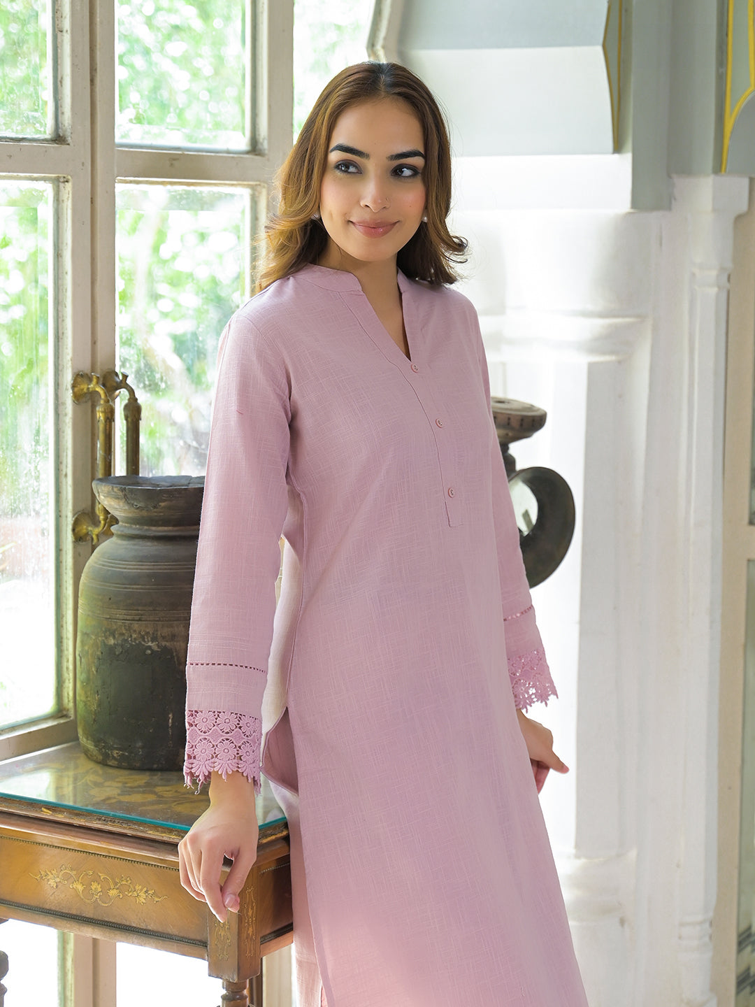 Divena Pink Solid Cotton Straight Fit Lace Border Kurta with Trouser