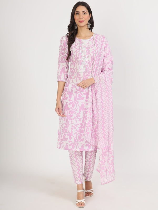 Purple Floral Print Cotton Kurta pant with Dupatta set for women | WomensFashionFun.com