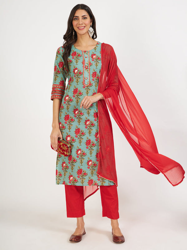 Green Floral Print Cotton Kurta pant with Dupatta set for women | womensfashionfun