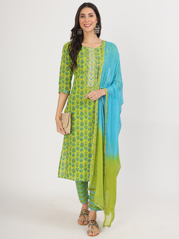 Green Floral Print Cotton Kurta pants with Dupatta set for women | womensfashionfun
