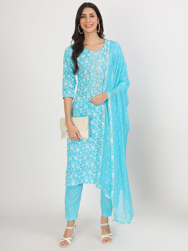 turquoise blue Floral Print Cotton Kurta pants with Dupatta set for women | WomensFashionFun.com