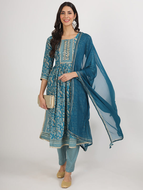 Teal Blue Floral Print Cotton Kurta pants with Dupatta set for women | womensfashionfun