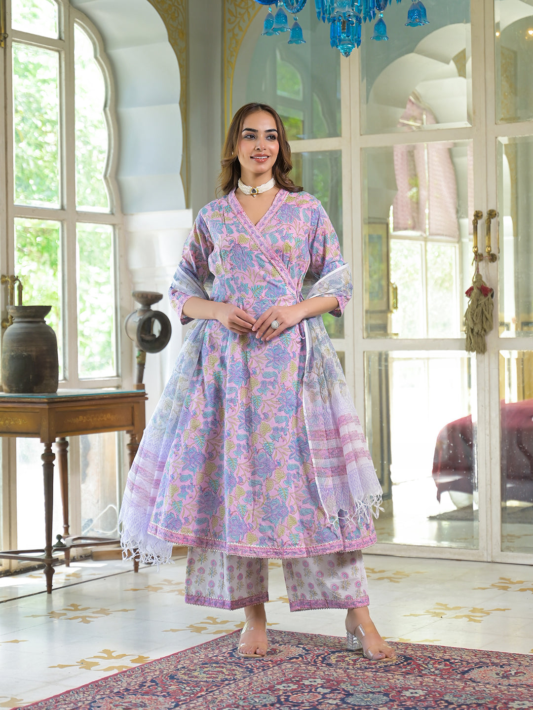 Divena Pink Cotton Block Print Angarakha Kurta Pant with Dupatta