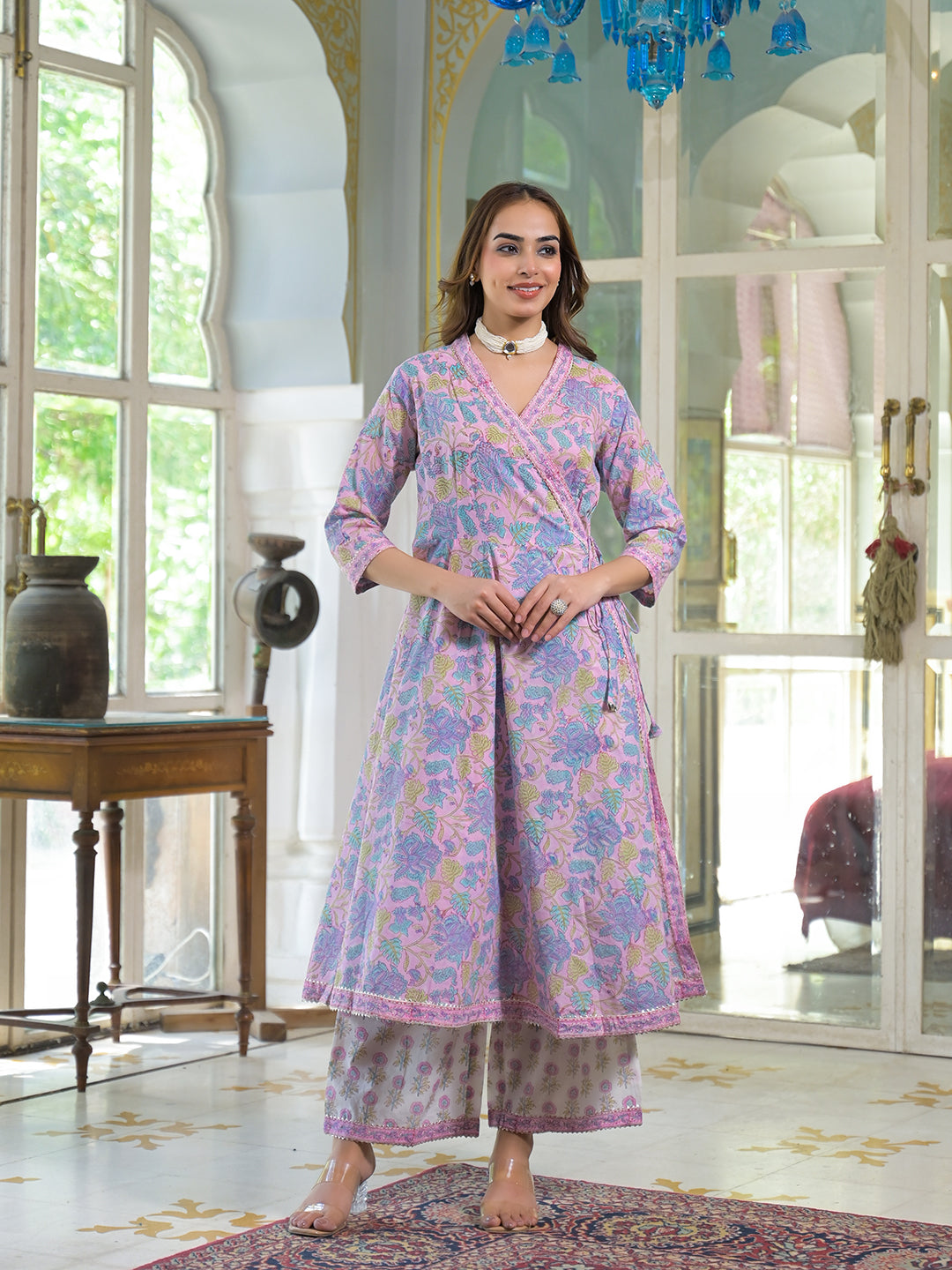 Divena Pink Cotton Block Print Angarakha Kurta Pant with Dupatta