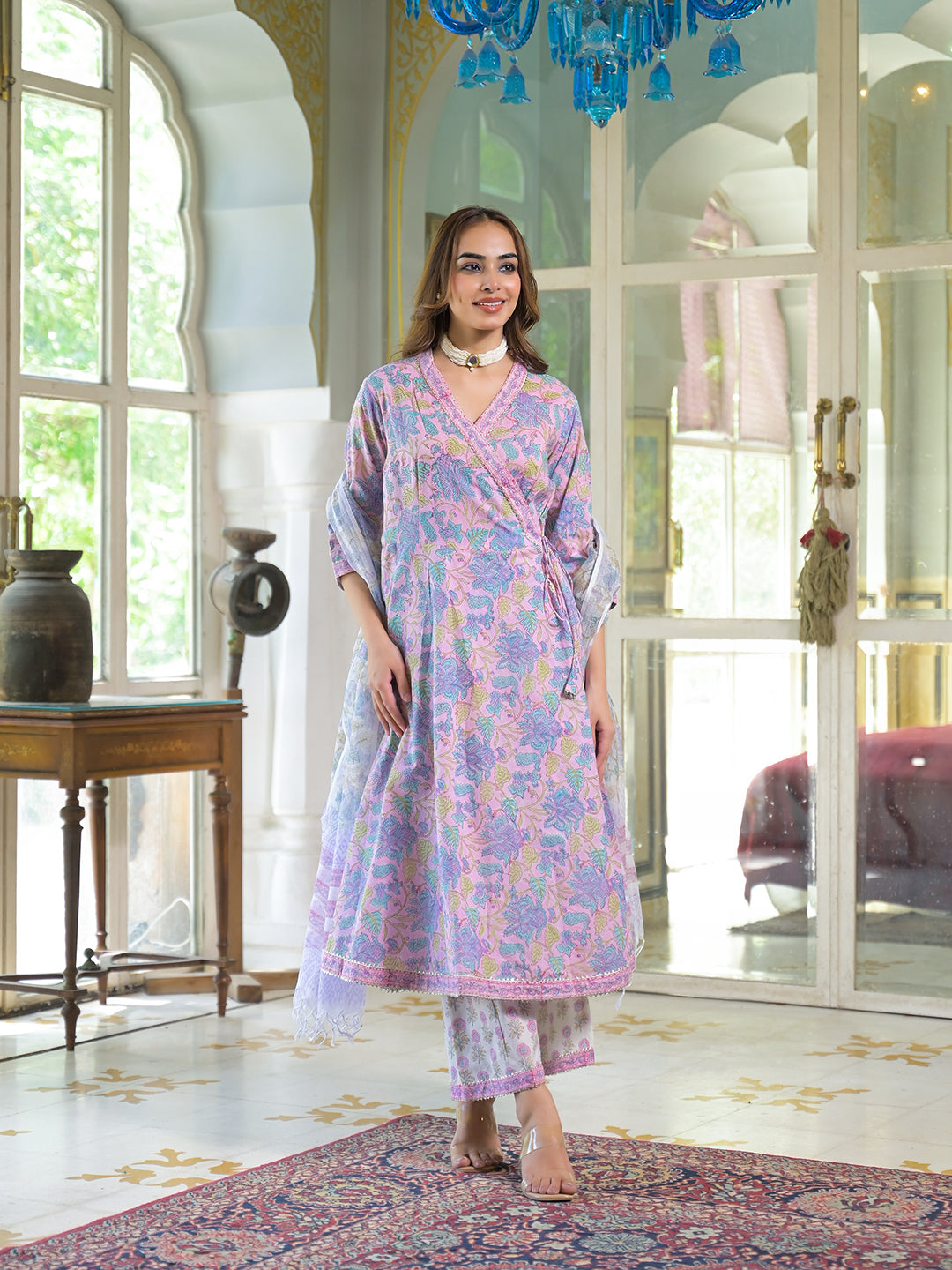 Divena Pink Cotton Block Print Angarakha Kurta Pant with Dupatta