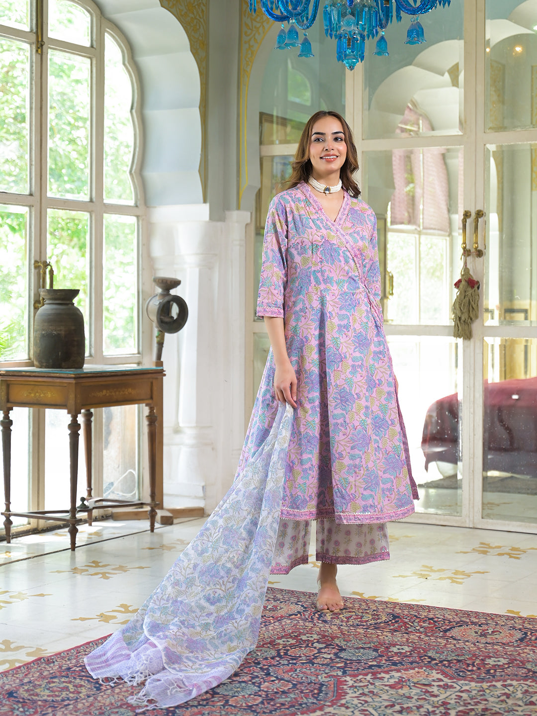 Divena Pink Cotton Block Print Angarakha Kurta Pant with Dupatta