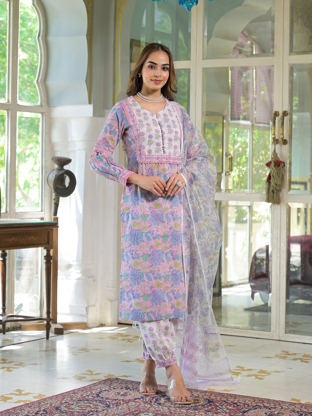 Divena Pink Cotton Block Print Straight Kurta Pant With Dupatta