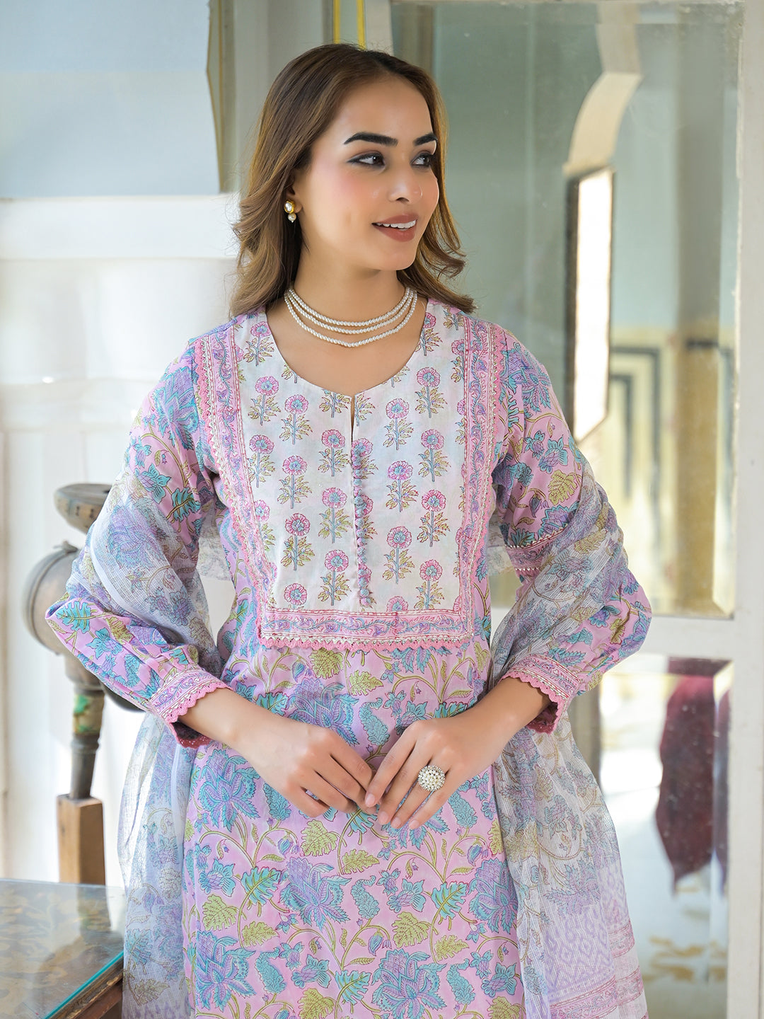 Divena Pink Cotton Block Print Straight Kurta Pant With Dupatta