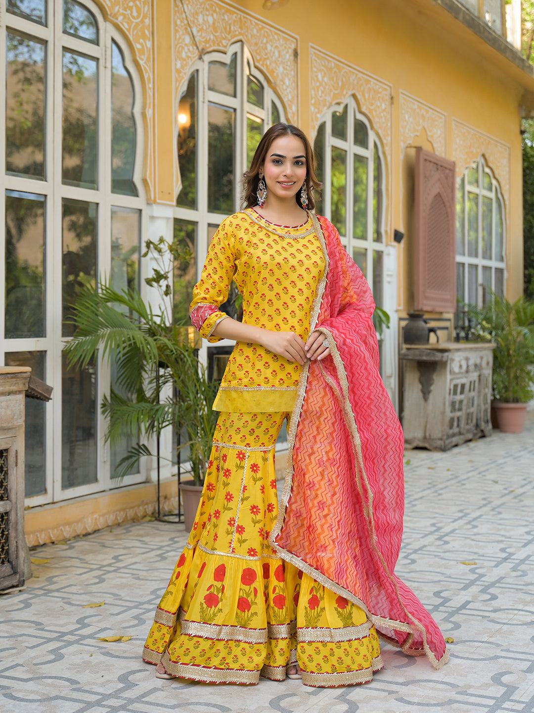 Divena Yellow Muslin Kurti Sharara with Dupatta