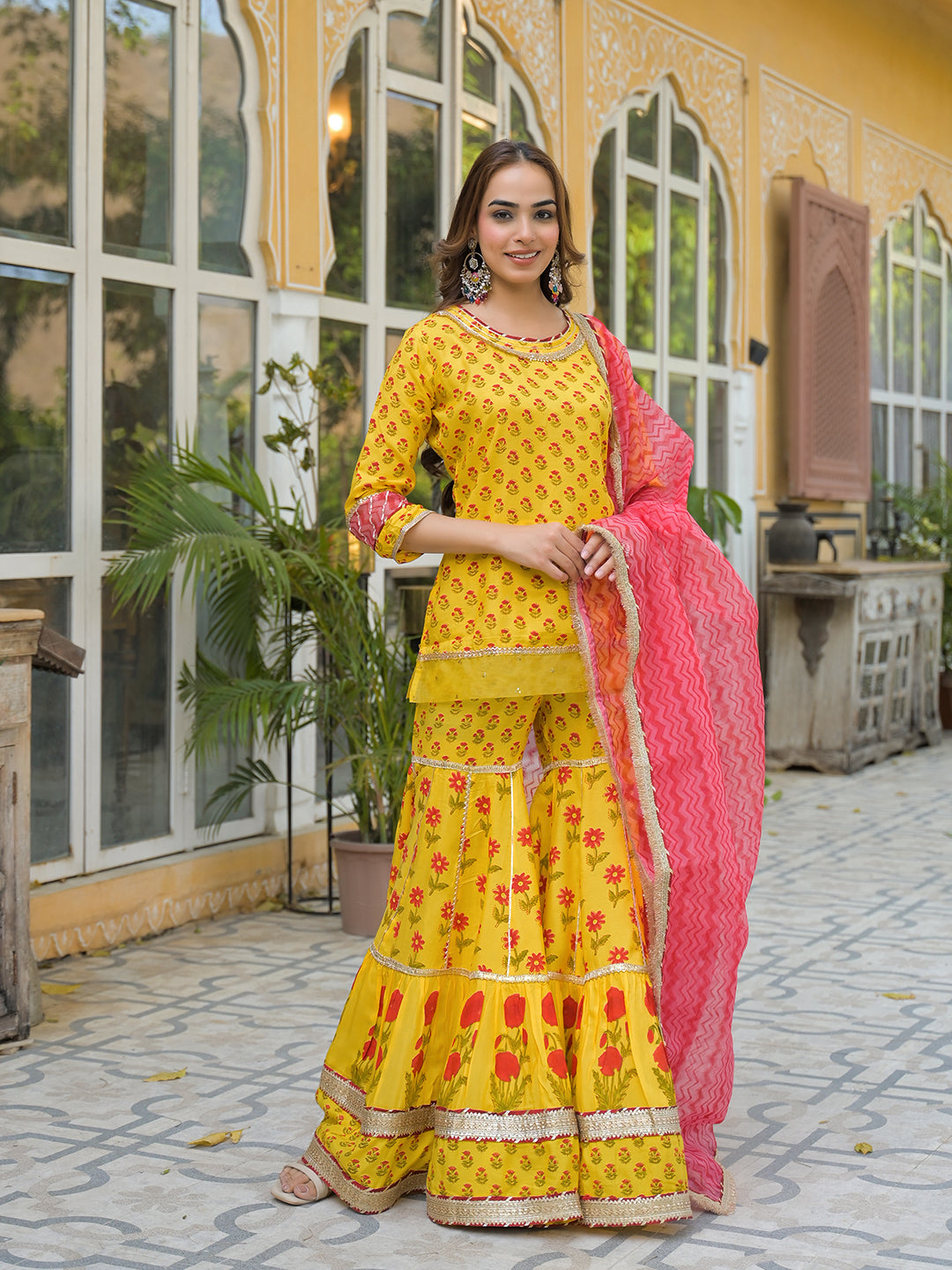 Divena Yellow Muslin Kurti Sharara with Dupatta