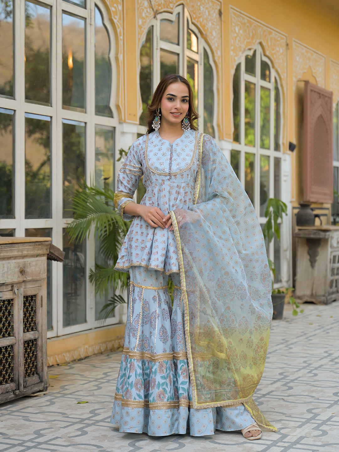 Divena Sky Blue Muslin Kurti Sharara with Dupatta