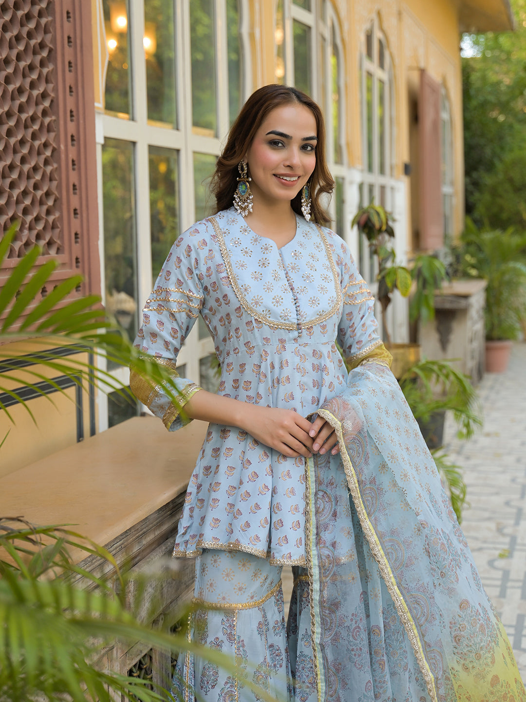Divena Sky Blue Muslin Kurti Sharara with Dupatta