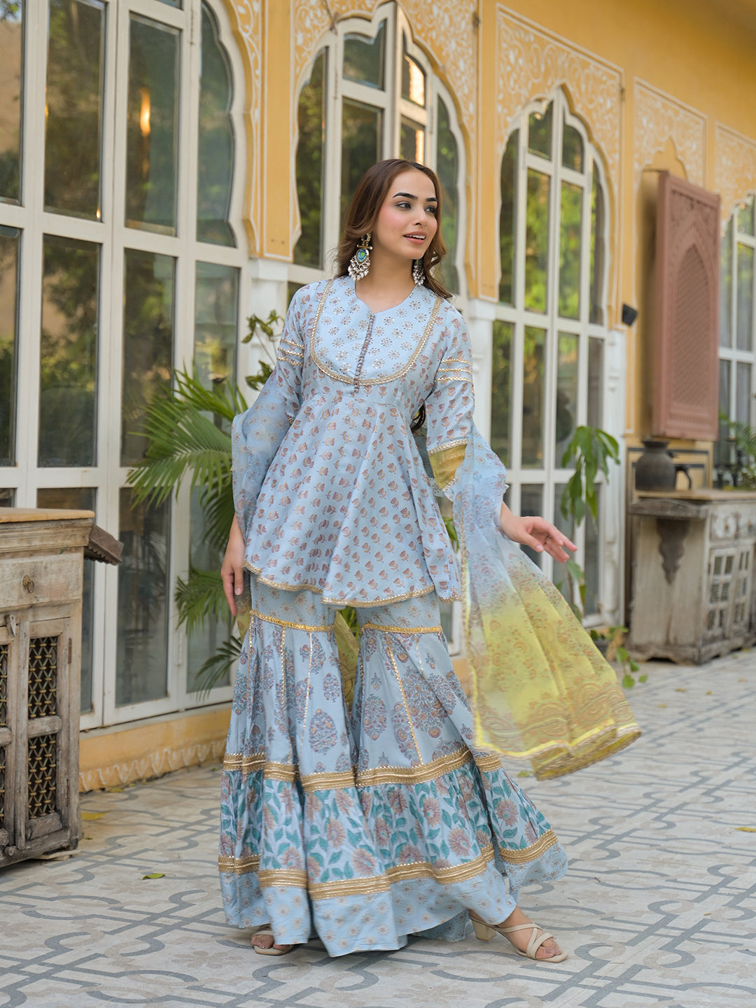 Divena Sky Blue Muslin Kurti Sharara with Dupatta