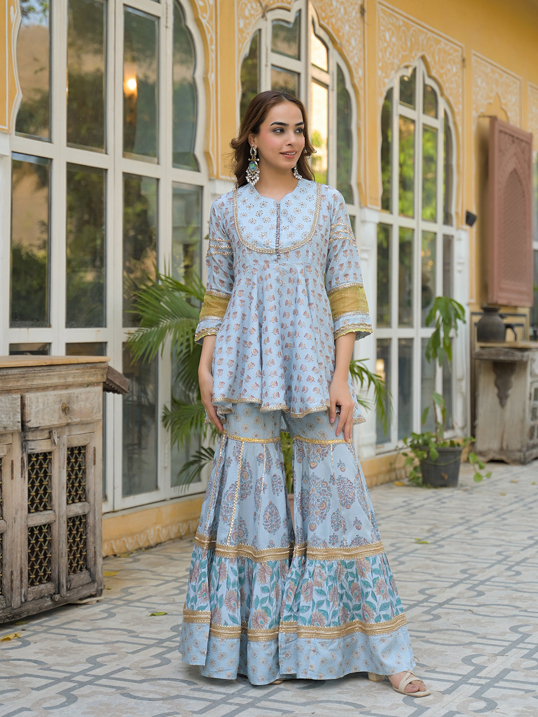Divena Sky Blue Muslin Kurti Sharara with Dupatta