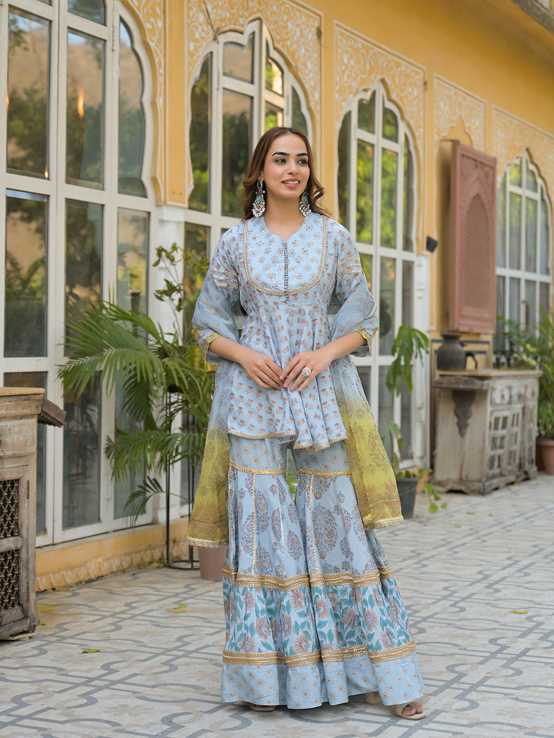 Divena Sky Blue Muslin Kurti Sharara with Dupatta