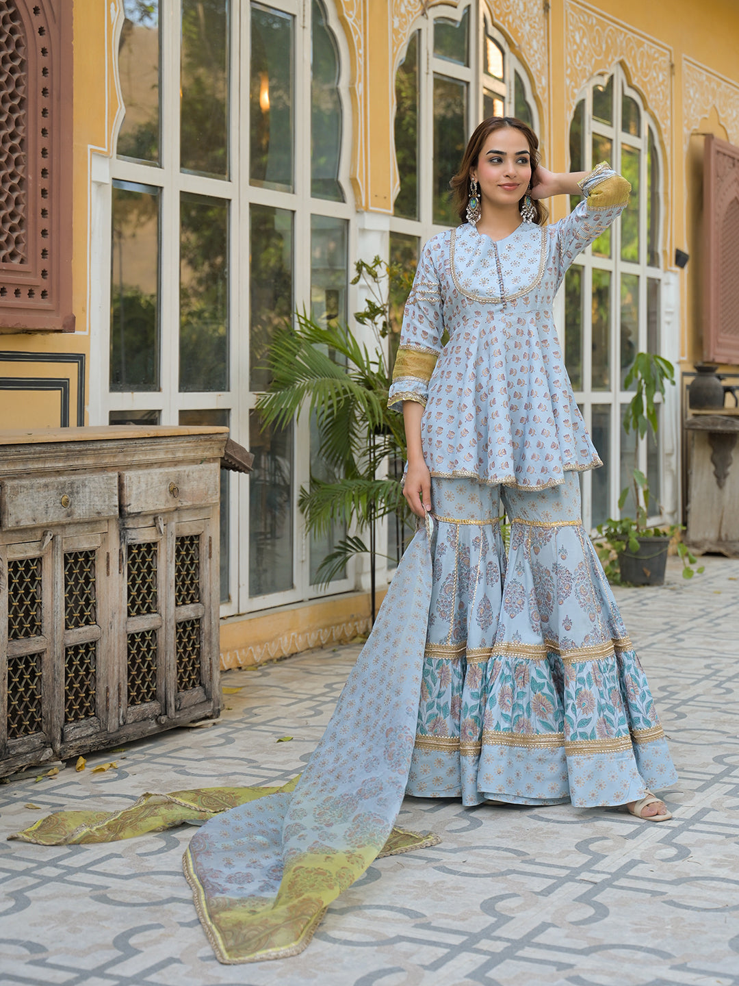 Divena Sky Blue Muslin Kurti Sharara with Dupatta
