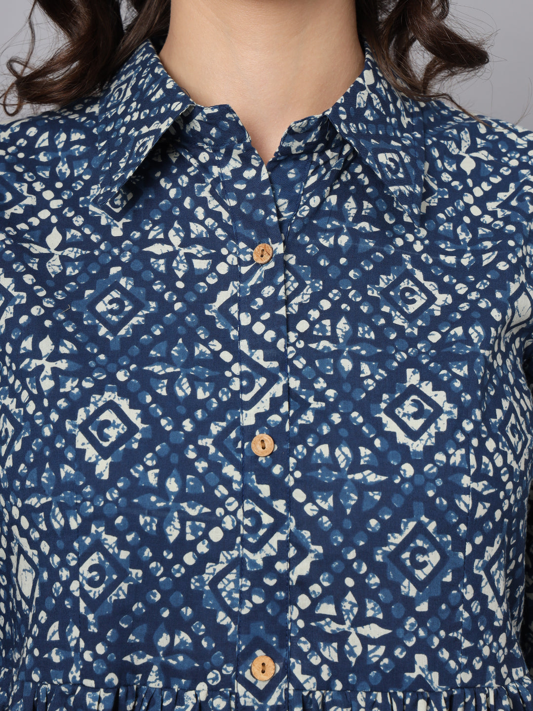 Divena Blue Floral Print Cotton Midi Dress