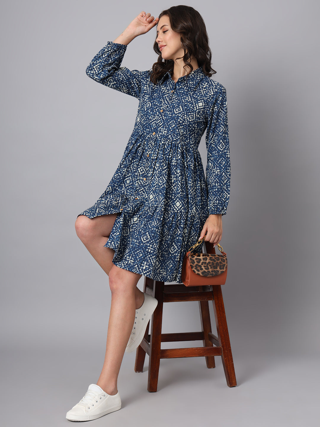 Divena Blue Floral Print Cotton Midi Dress