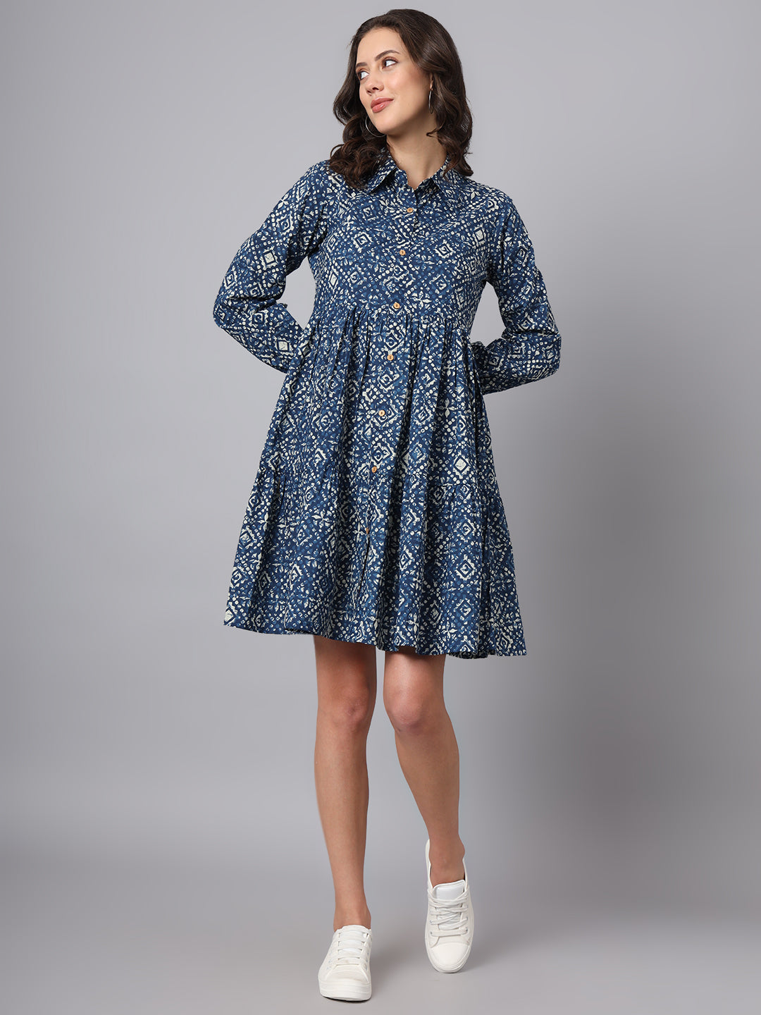 Divena Blue Floral Print Cotton Midi Dress