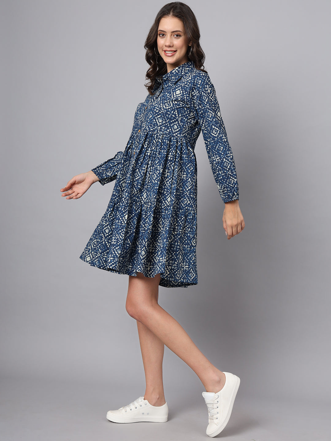 Divena Blue Floral Print Cotton Midi Dress