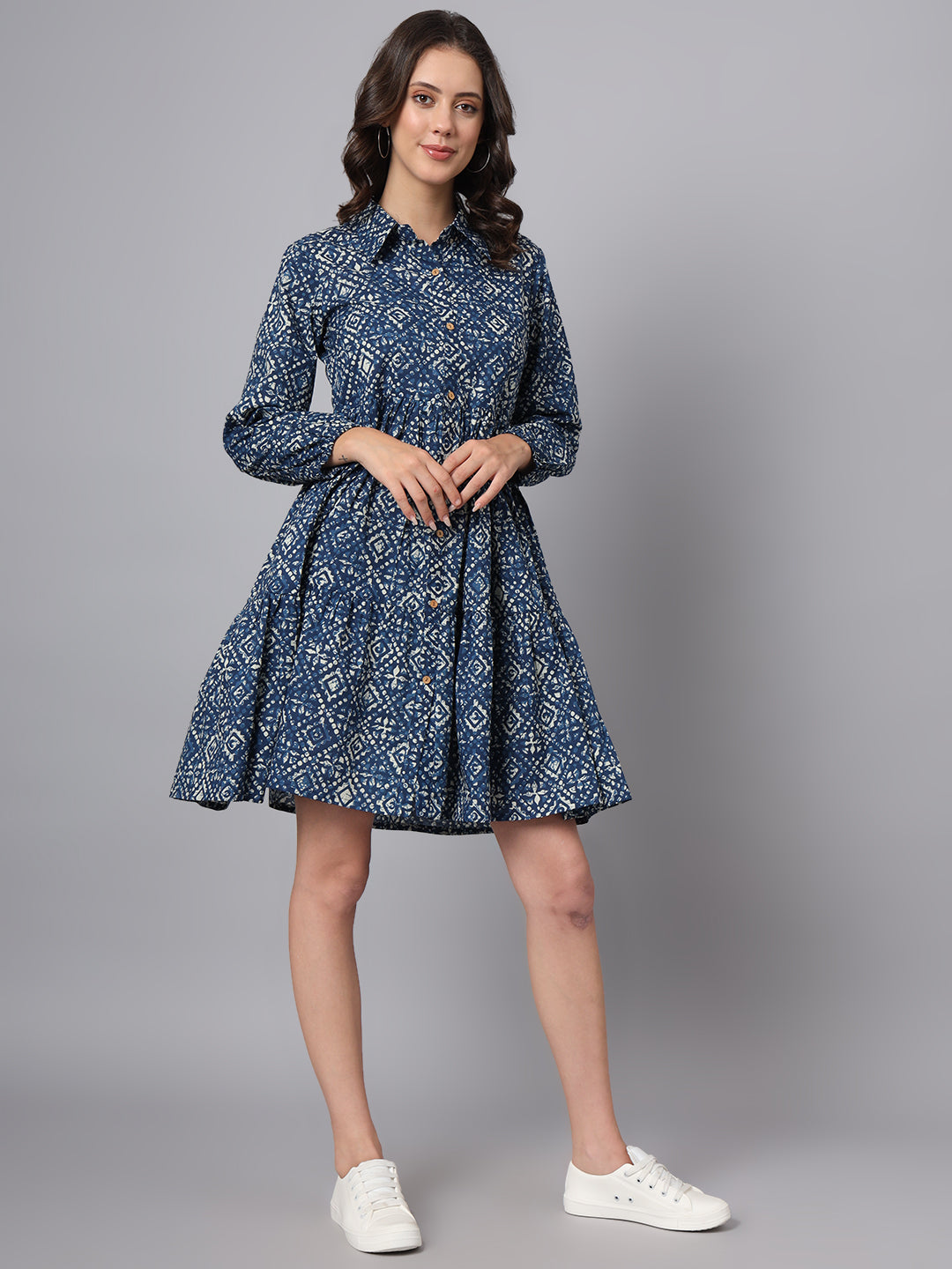 Divena Blue Floral Print Cotton Midi Dress