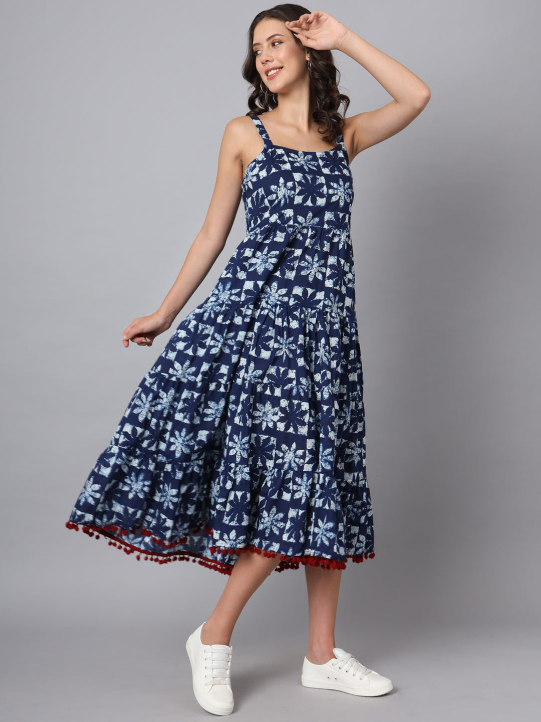Divena Blue Printed Cotton Fabric Fit & Flare Dress