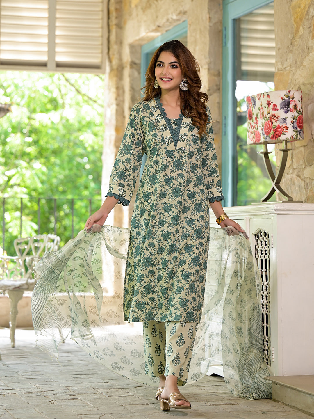 Divena Bottle Green Cotton Anarkali Kurta Pant Set With Dupatta - Image 3