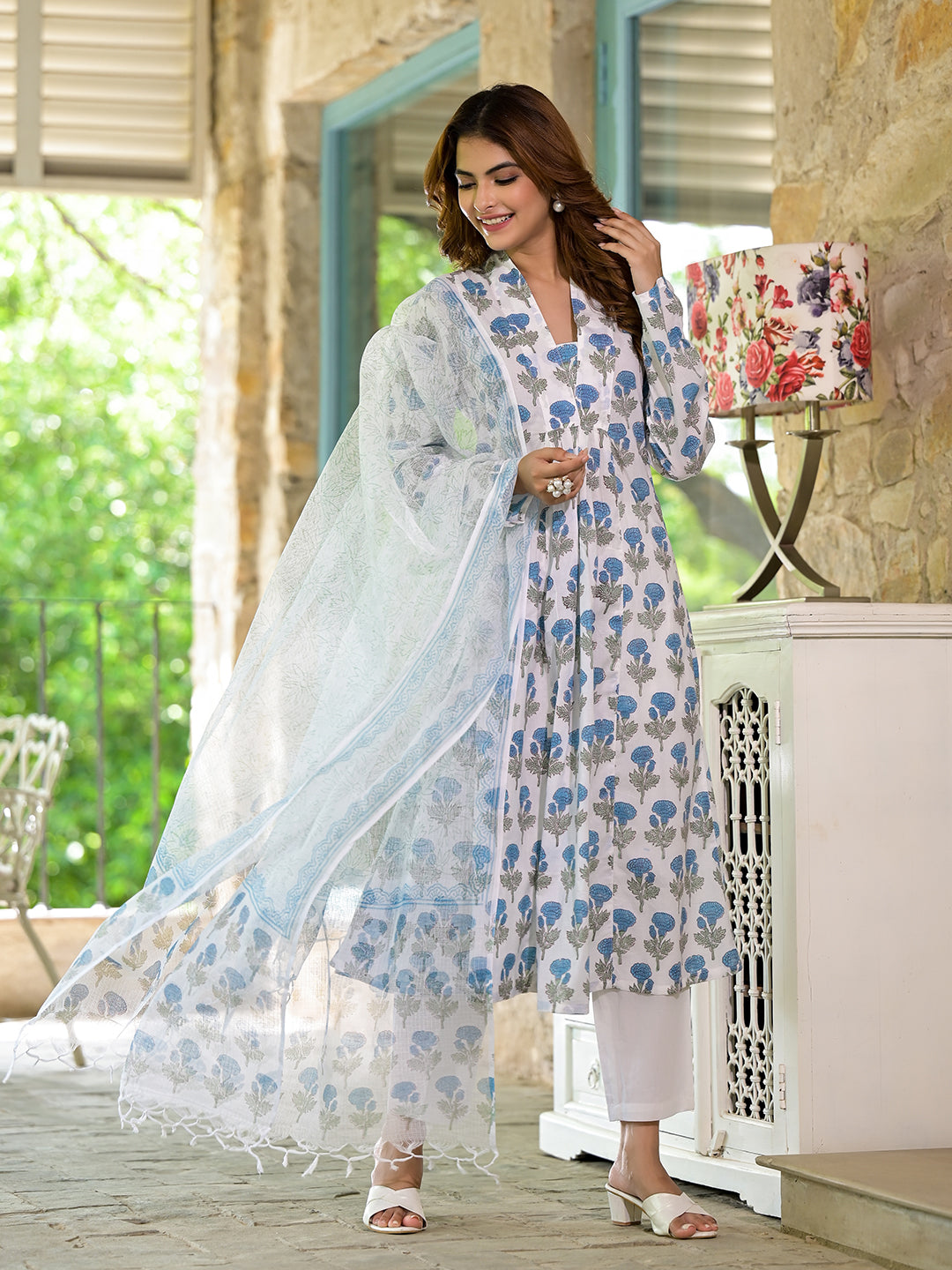 Divena White & Blue Cotton Anarkali Calf-Long Kurta Set