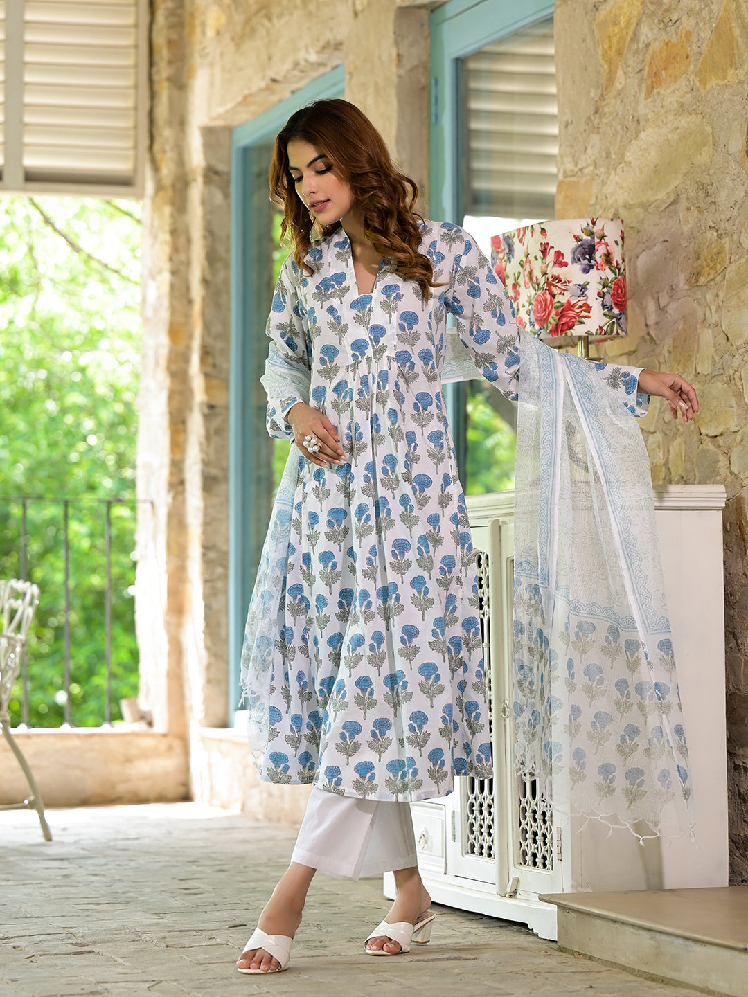Divena White & Blue Cotton Anarkali Calf-Long Kurta Set