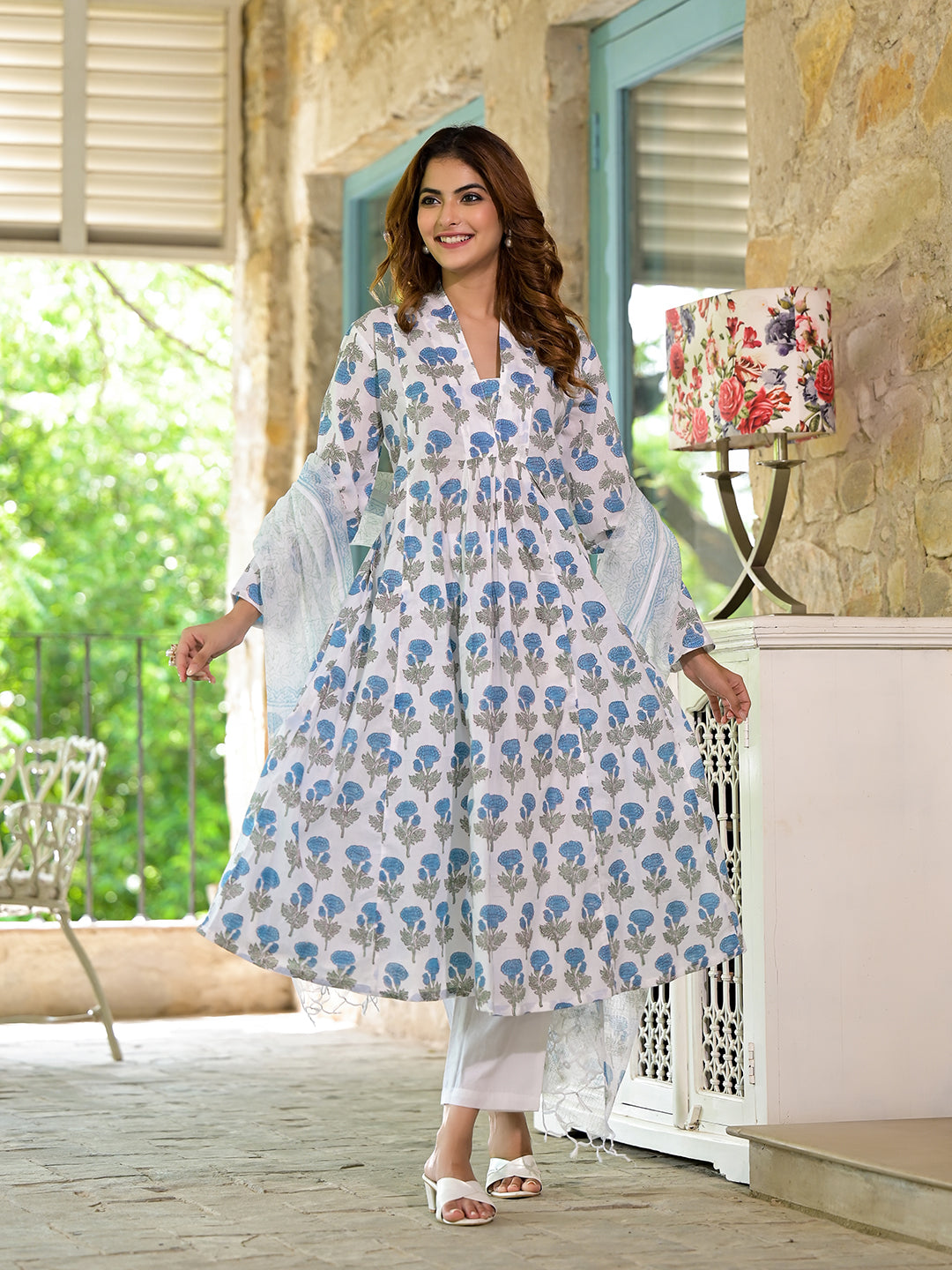 Divena White & Blue Cotton Anarkali Calf-Long Kurta Set