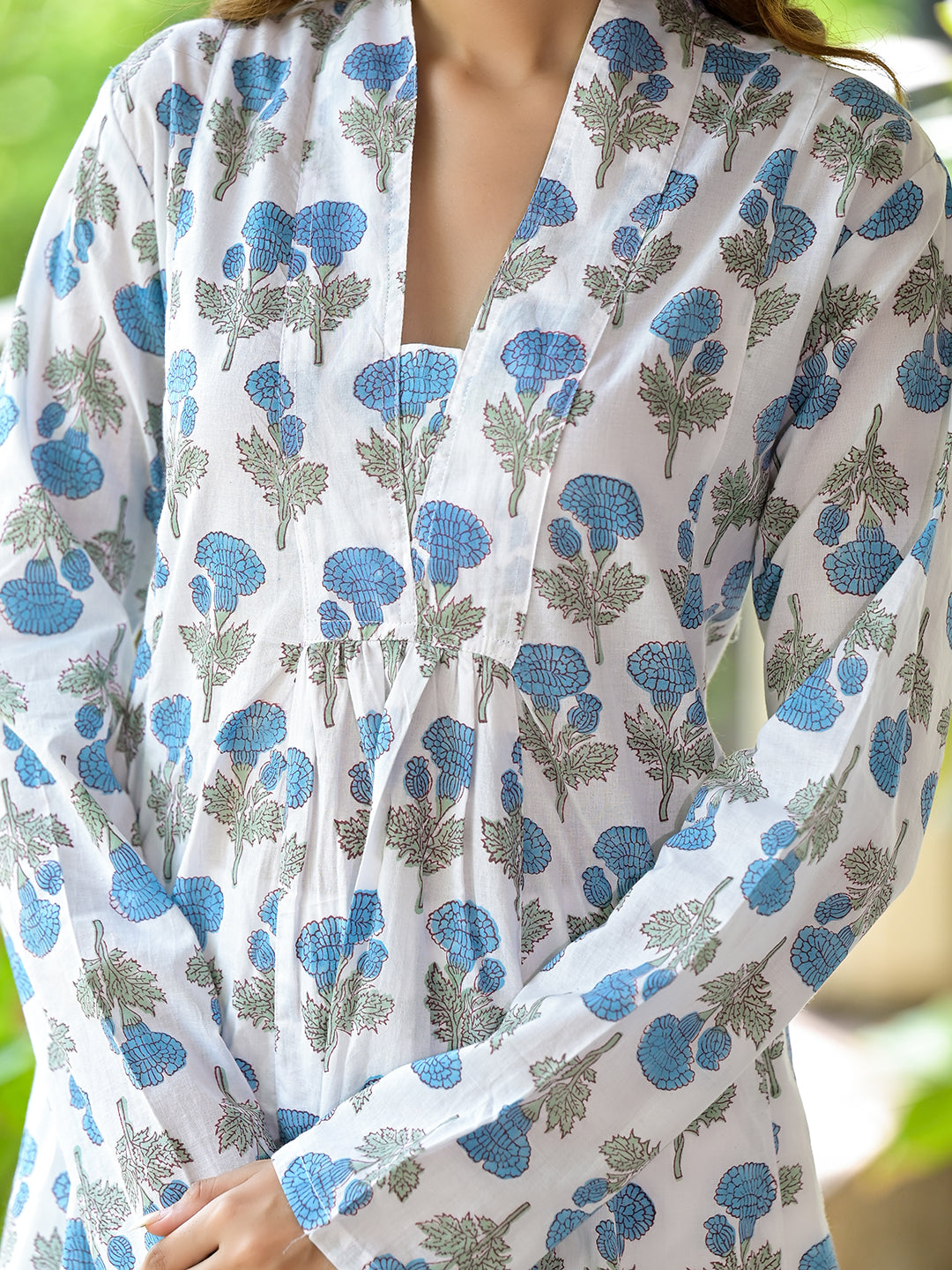 Divena White & Blue Cotton Anarkali Calf-Long Kurta Set