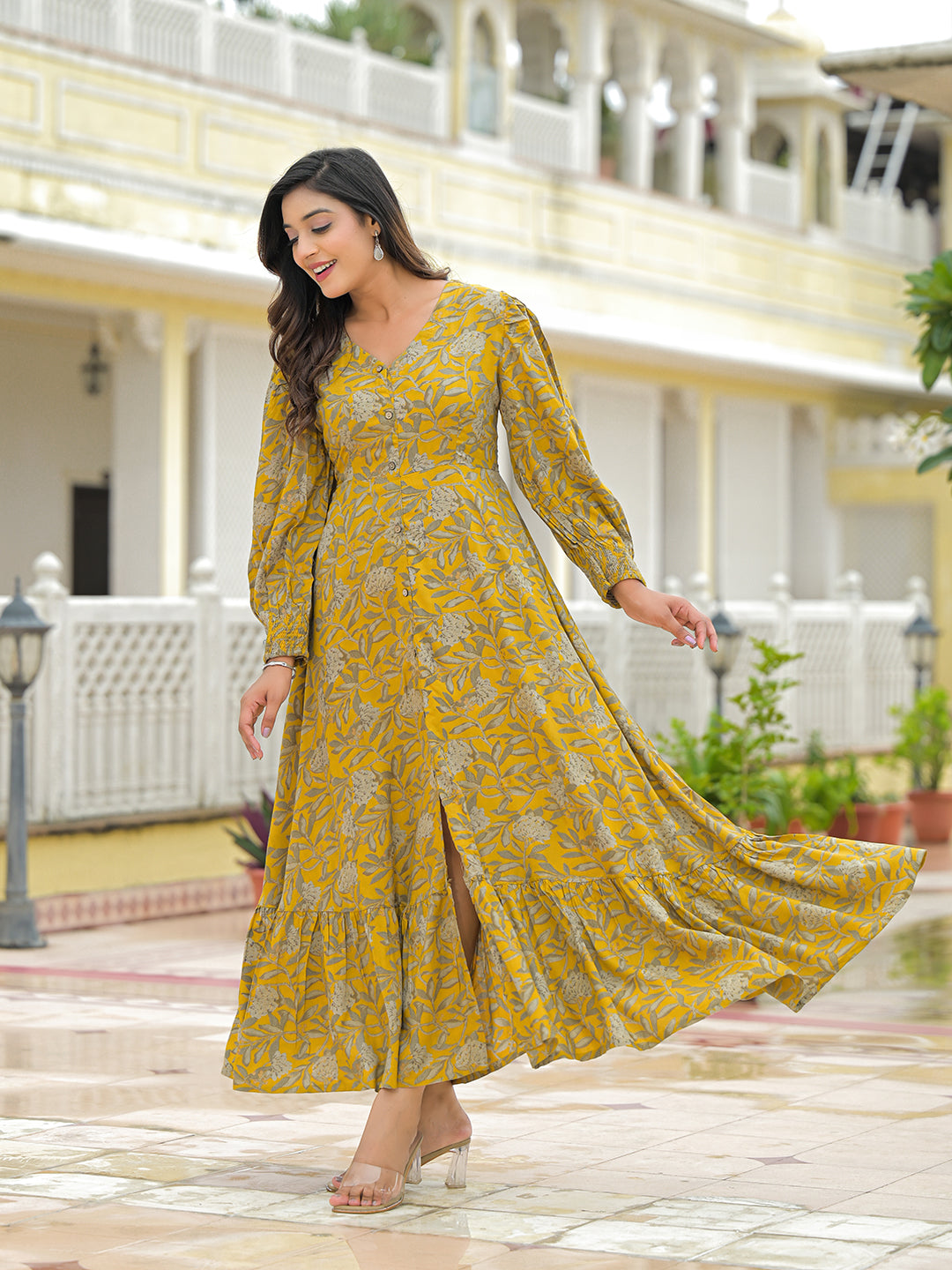 Divena Mustard Rayon Flare Dress