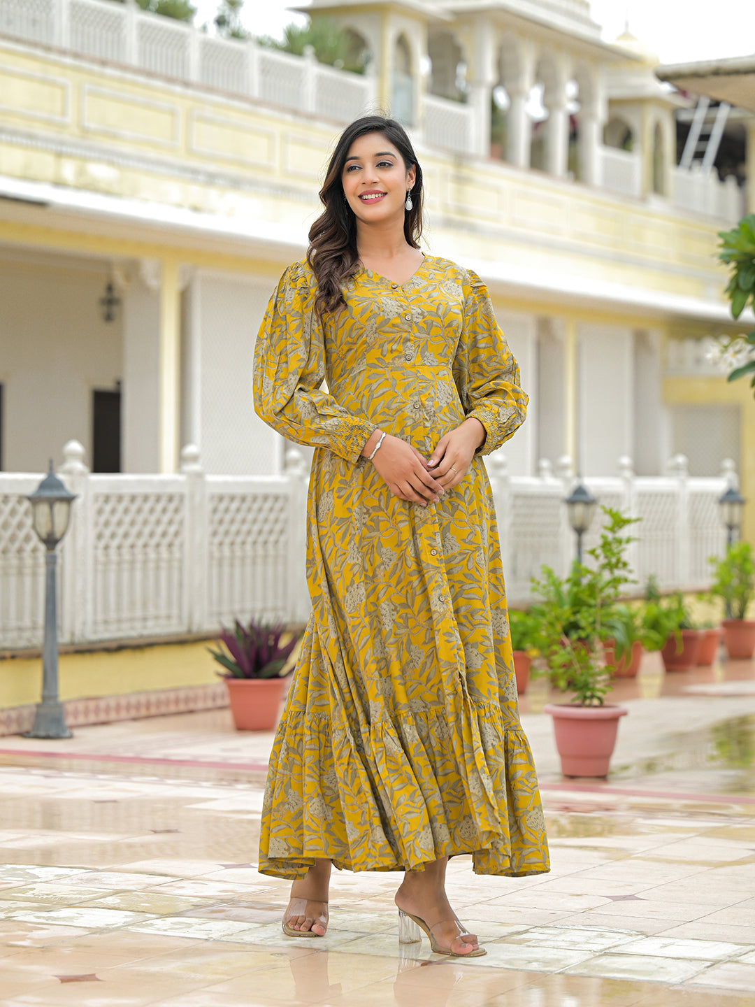 Divena Mustard Rayon Flare Dress