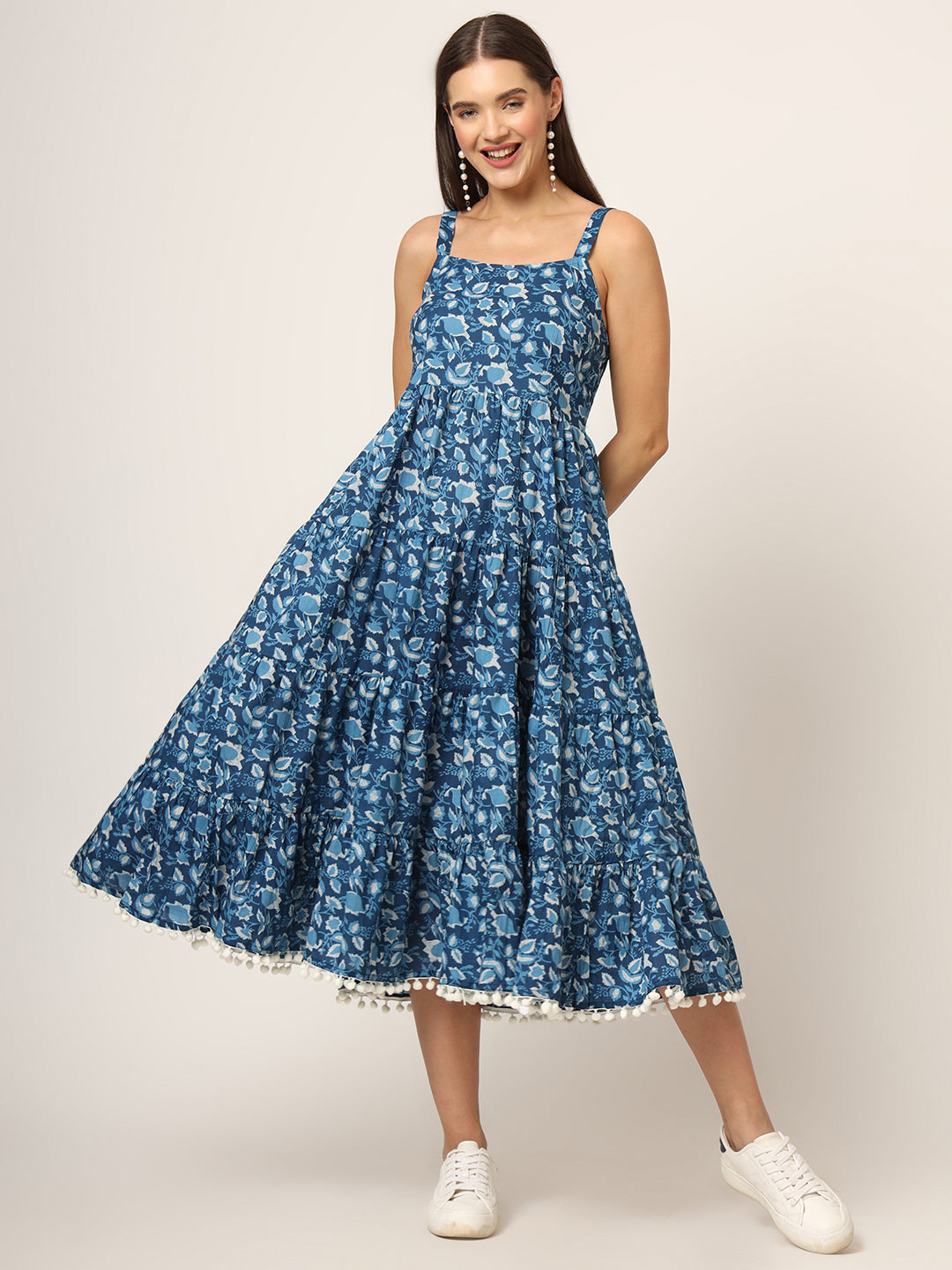 Divena Sky Blue Printed Cotton Fabric Fit & Flare Dress