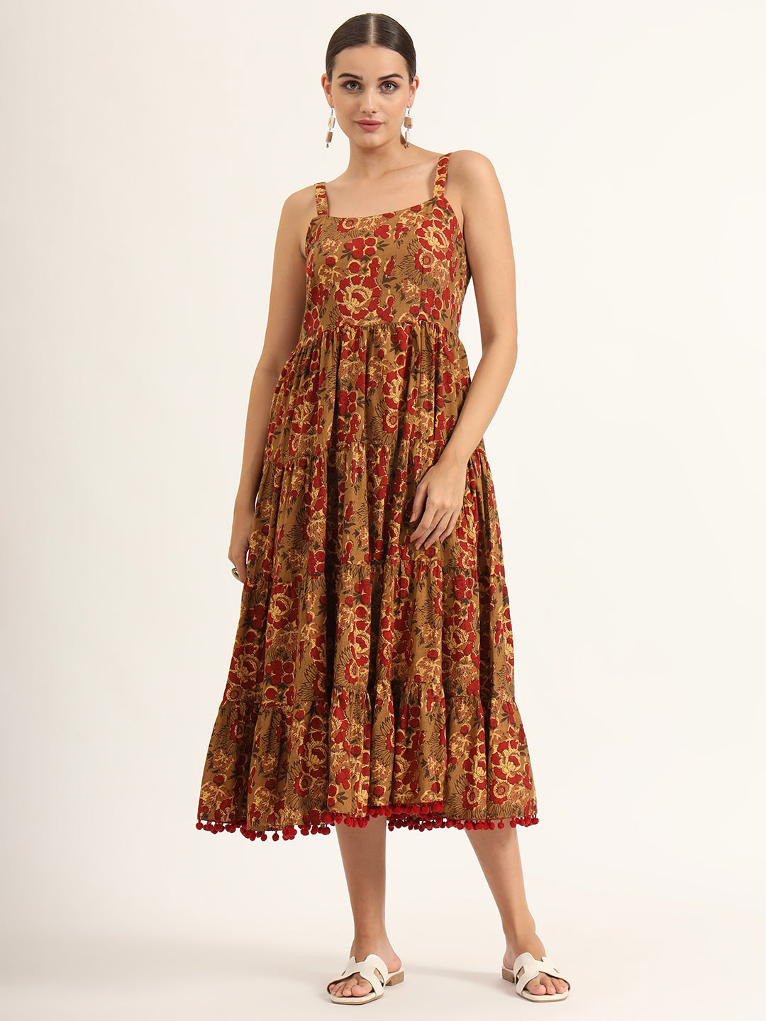 Divena Brown Floral Print Pure Cotton Fit & Flare Dress