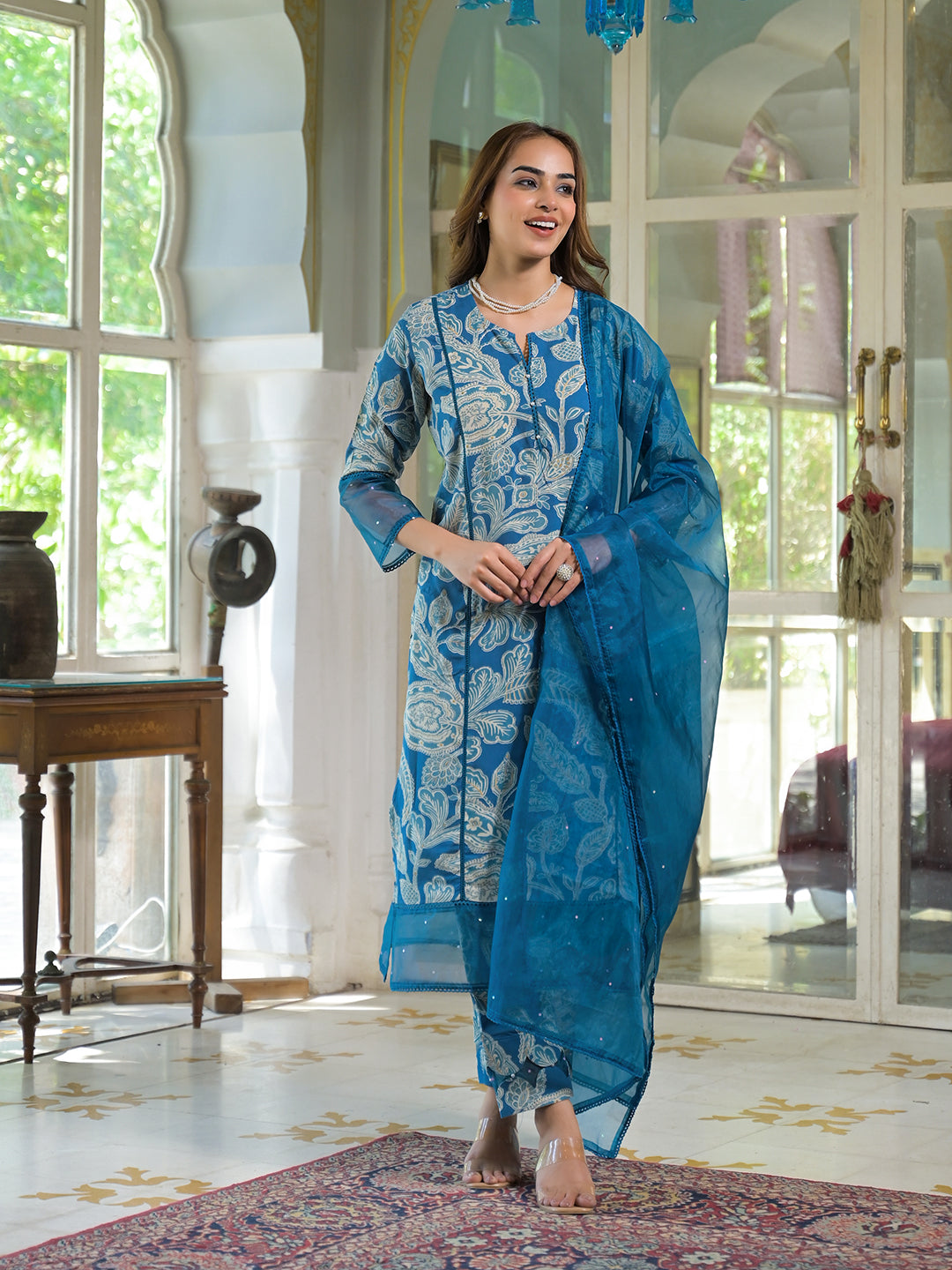 Divena Blue Rayon Floral Printed Kurta Pant with Dupatta