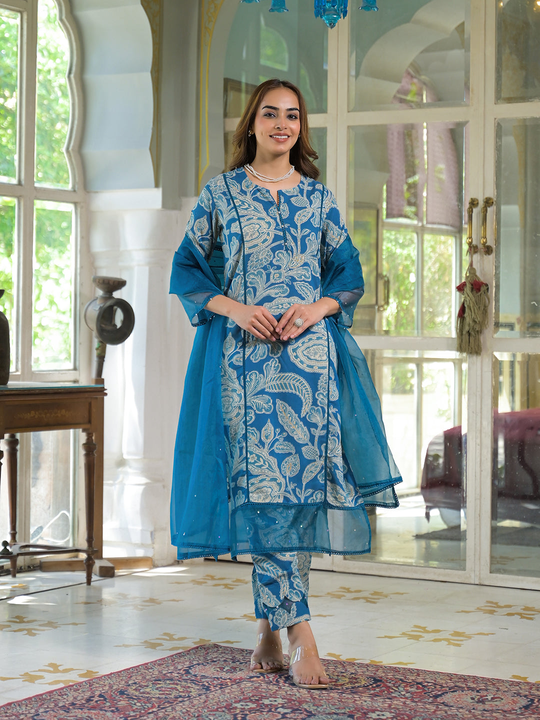 Divena Blue Rayon Floral Printed Kurta Pant with Dupatta