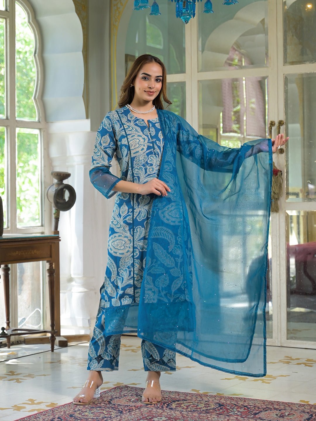 Divena Blue Rayon Floral Printed Kurta Pant with Dupatta