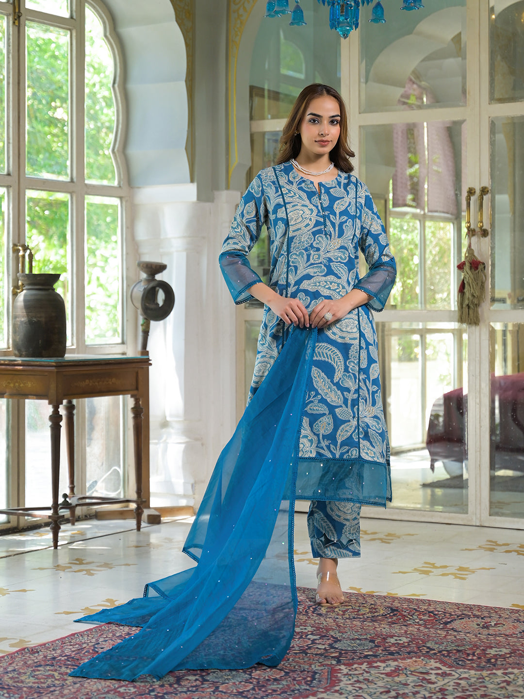 Divena Blue Rayon Floral Printed Kurta Pant with Dupatta